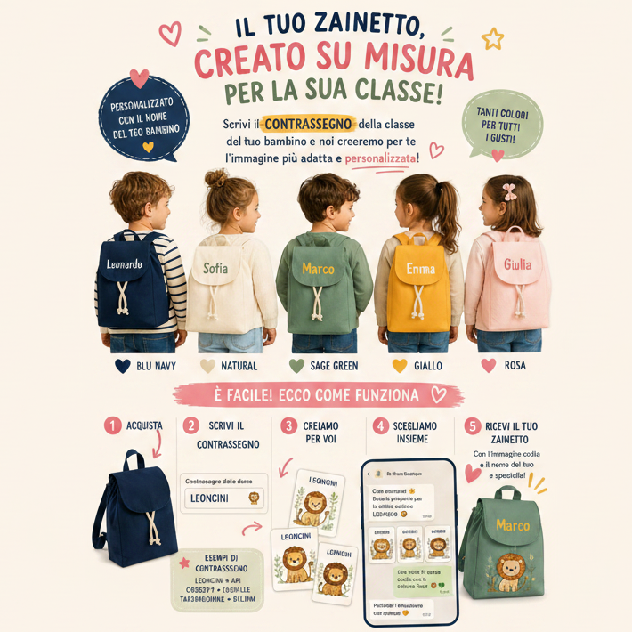 Zaino Asilo Bambino Personalizzato – Mini Zainetto con Nome e Stampa da concordare