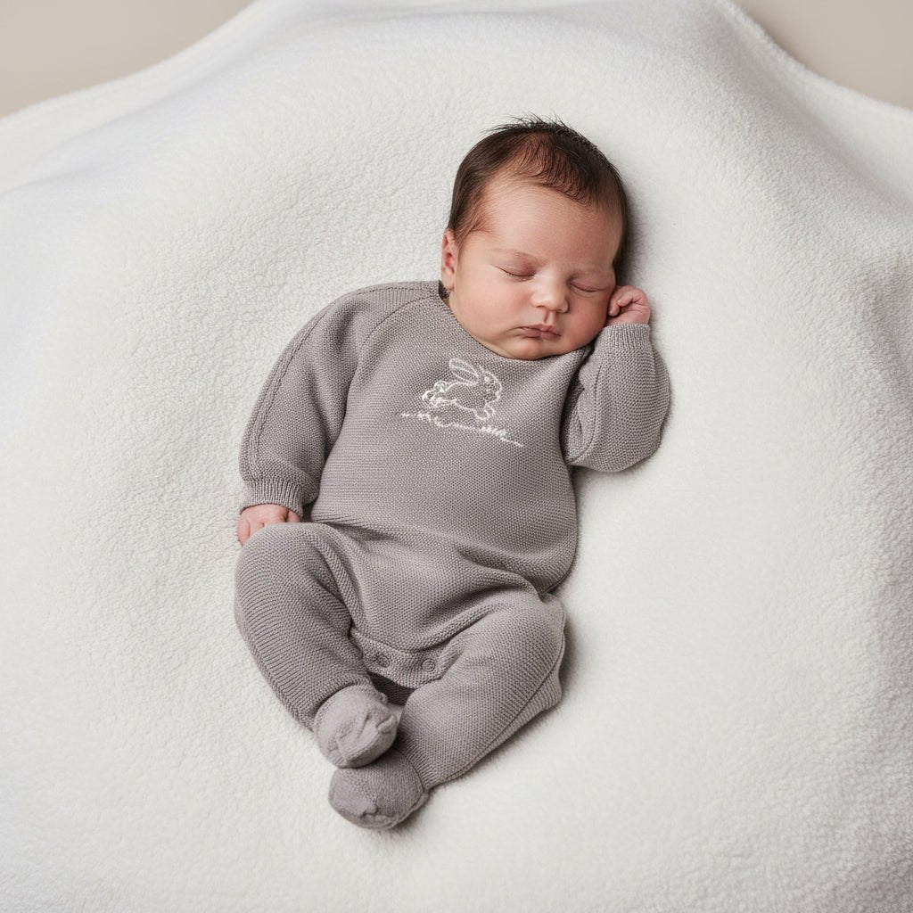 Tutina DEAR BUNNY IN THE SNOW in lana merino extrafine con ricamo