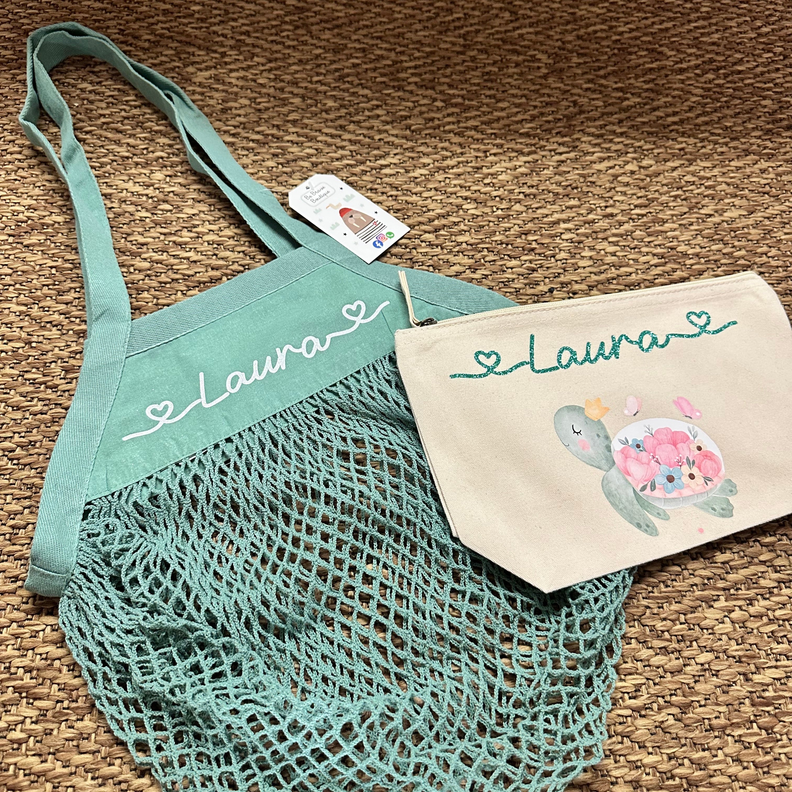 Pochette in cotone organico personalizzabile Tartaruga Fiori - Be Brave Boutique