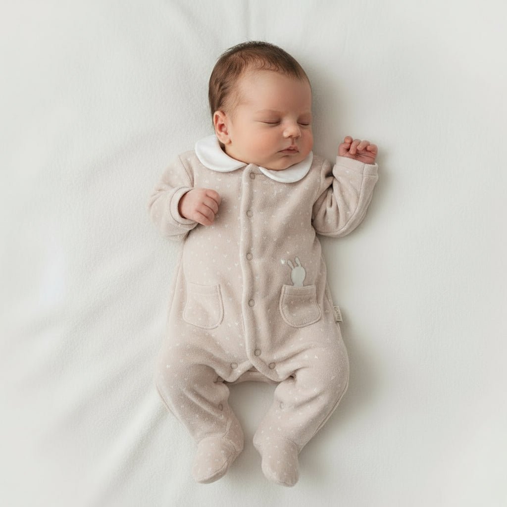 Tutina Neonato in Ciniglia Beige con Colletto Bianco e Taschine Coniglietto