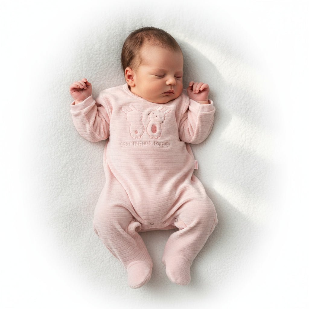 Tutina Neonato in Ciniglia Rosa con Ricamo Coniglietti “Best Friends Forever”
