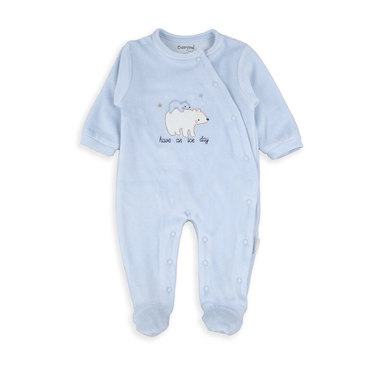 Tutina Neonato in Ciniglia Celeste con Orsetto Polare “Have an Ice Day” - Be Brave Boutique