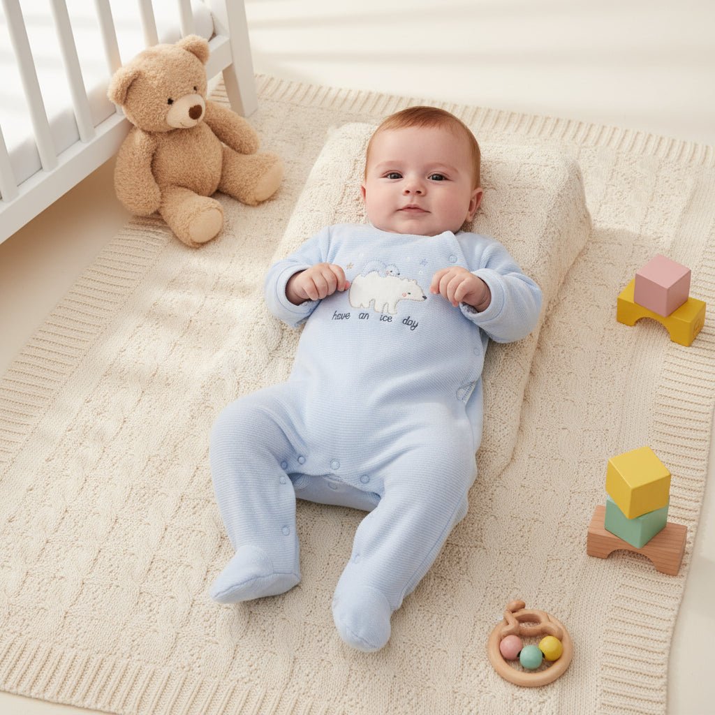 Tutina Neonato in Ciniglia Celeste con Orsetto Polare “Have an Ice Day”