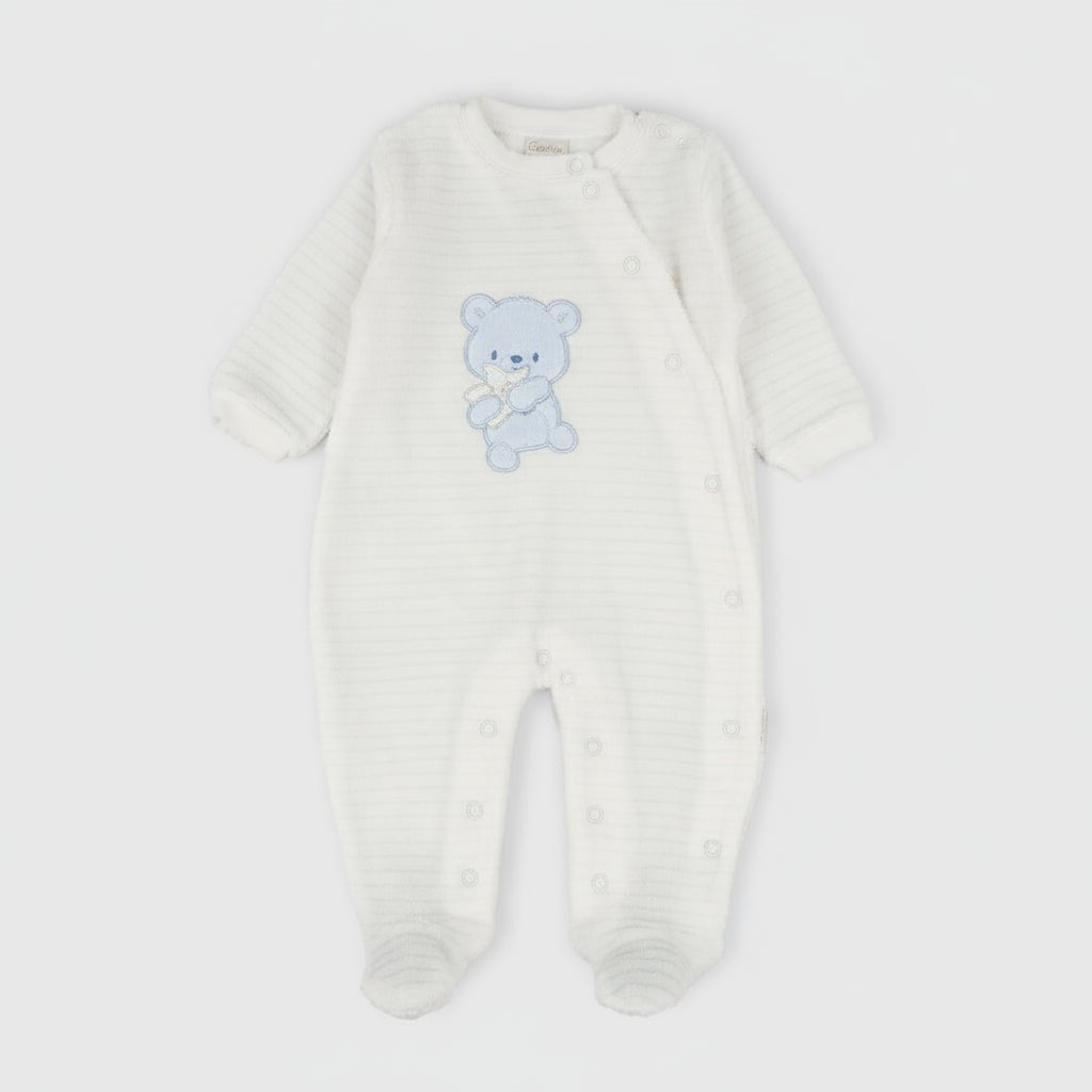 Tutina Neonato in Ciniglia Bianca con Orsetto azzurro - Be Brave Boutique