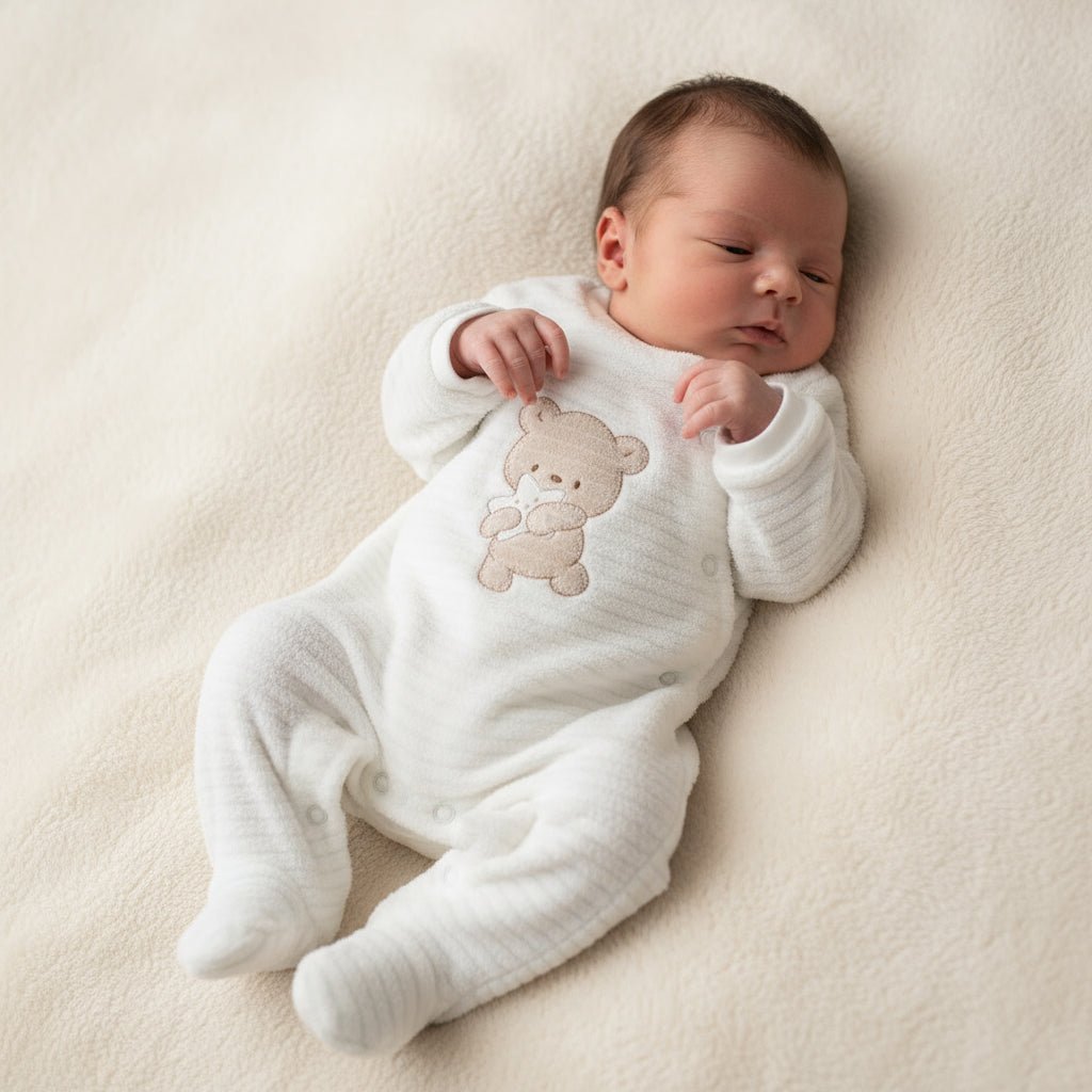 Tutina Neonato in Ciniglia Bianca con Orsetto beige