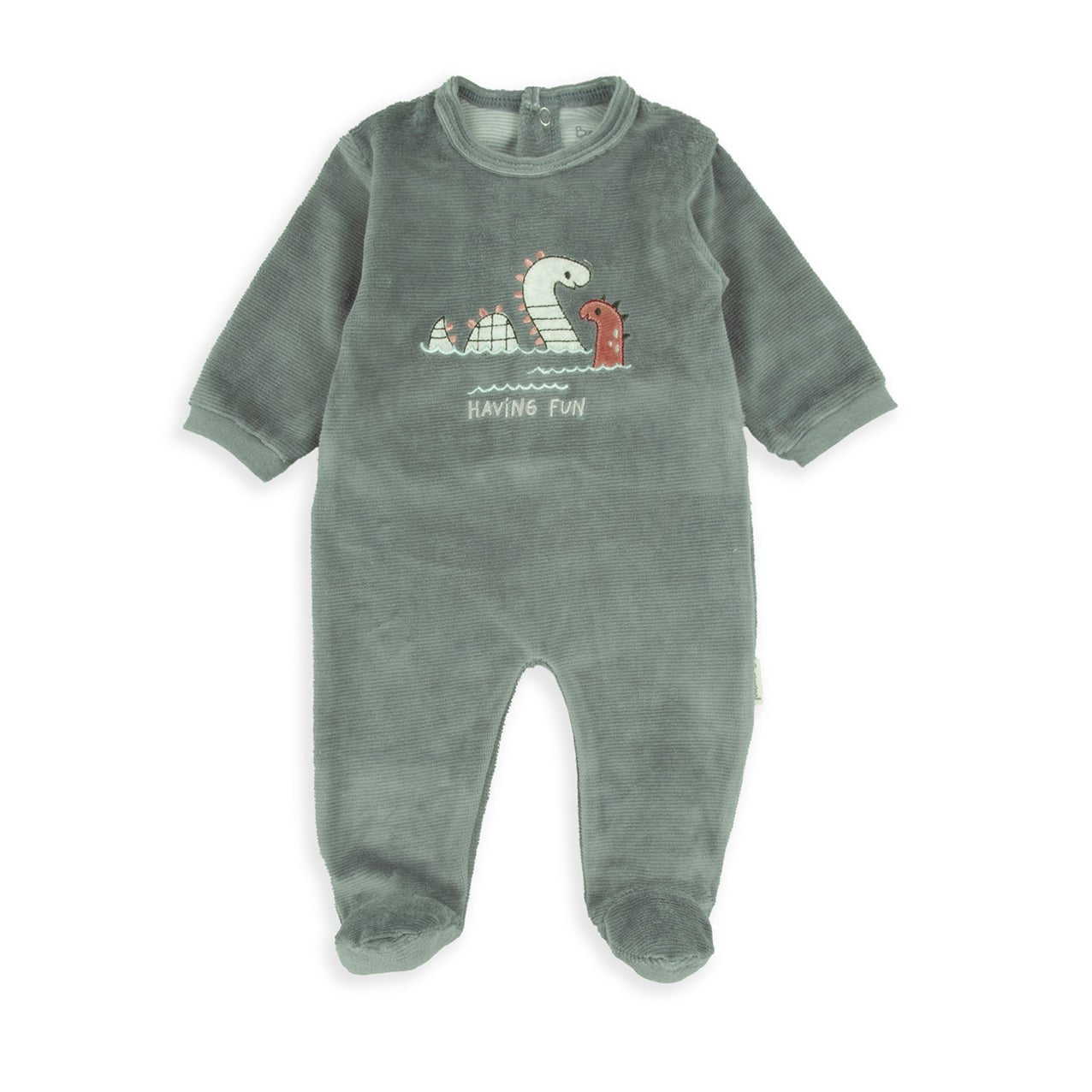 Tutina Neonato in Ciniglia Verde con Dinosauro “Having Fun” - Be Brave Boutique