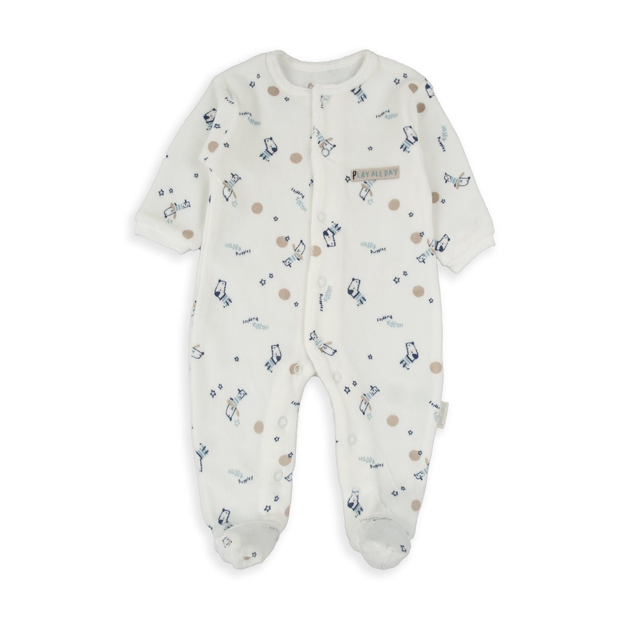 Tutina Neonato in Ciniglia Bianca con Fantasia Cagnolini “Play All Day” - Be Brave Boutique