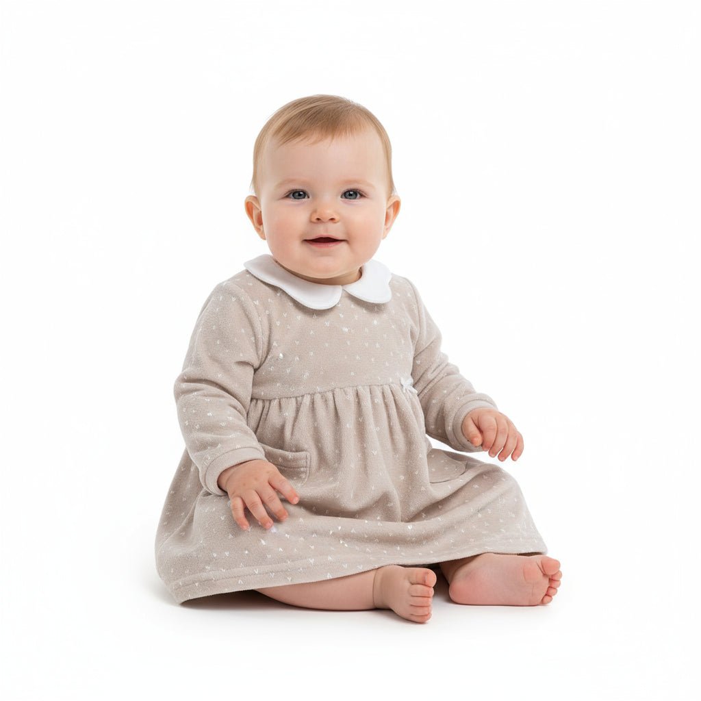 Abitino Neonato in Ciniglia Beige con Colletto Bianco