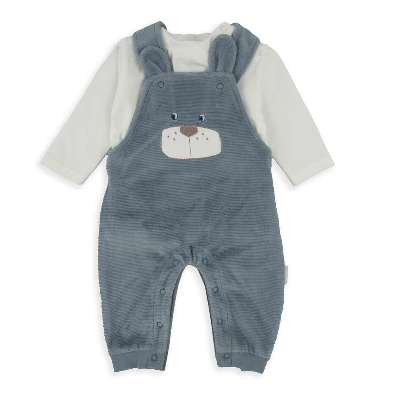 Completo Neonato Salopette Orsetto in Ciniglia Azzurra con Maglia Bianca - Be Brave Boutique