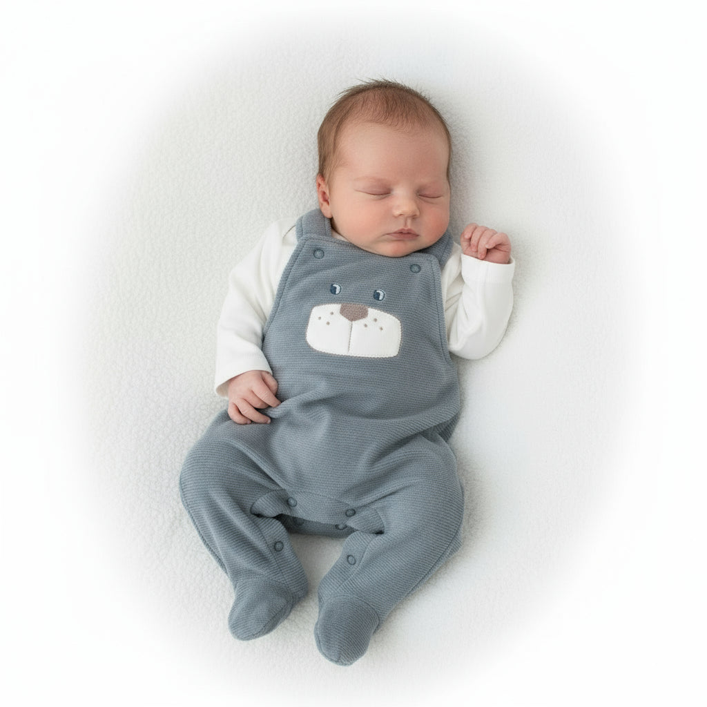 Completo Neonato Salopette Orsetto in Ciniglia Azzurra con Maglia Bianca