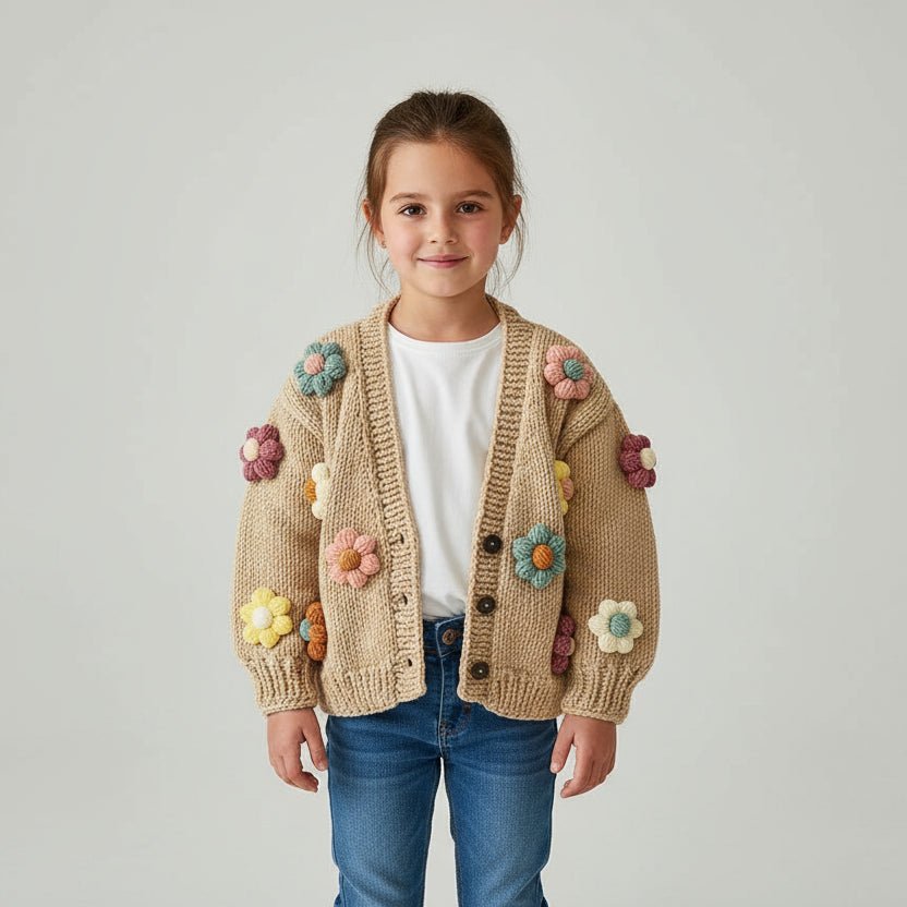 Cardigan per Bambina Fatto a Mano a Maglia con Fiori di Margherita - Be Brave Boutique