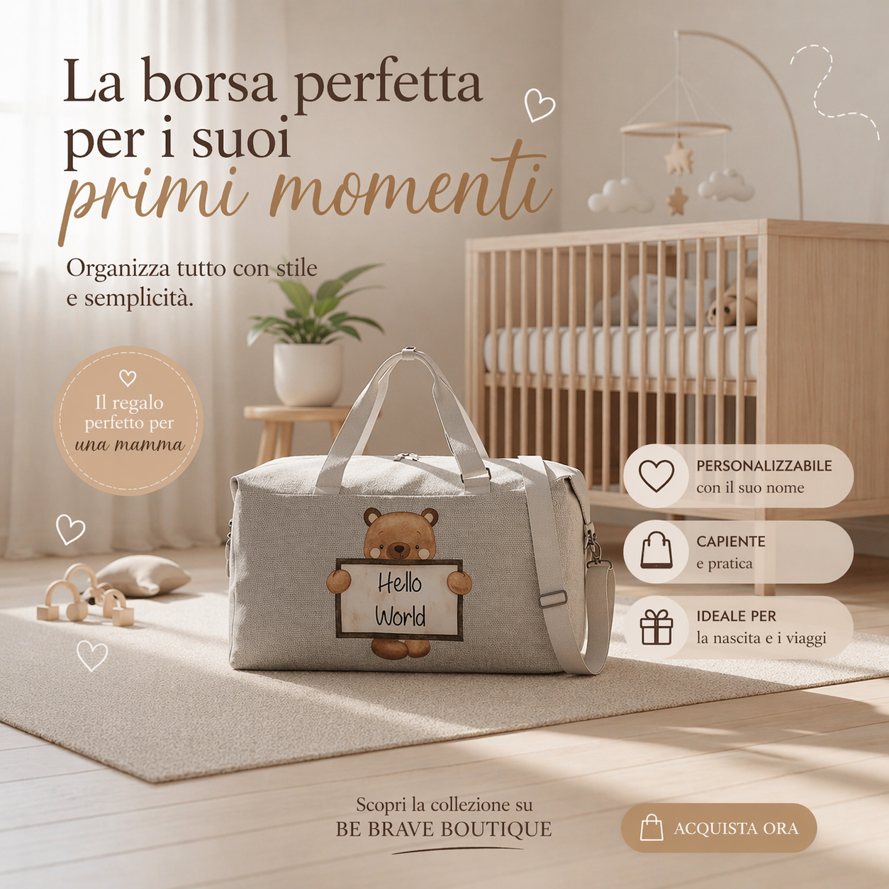 Borsone Mamma per Ospedale e Nascita – Mommy Bag Personalizzabile con Nome Orsetto Lavagna