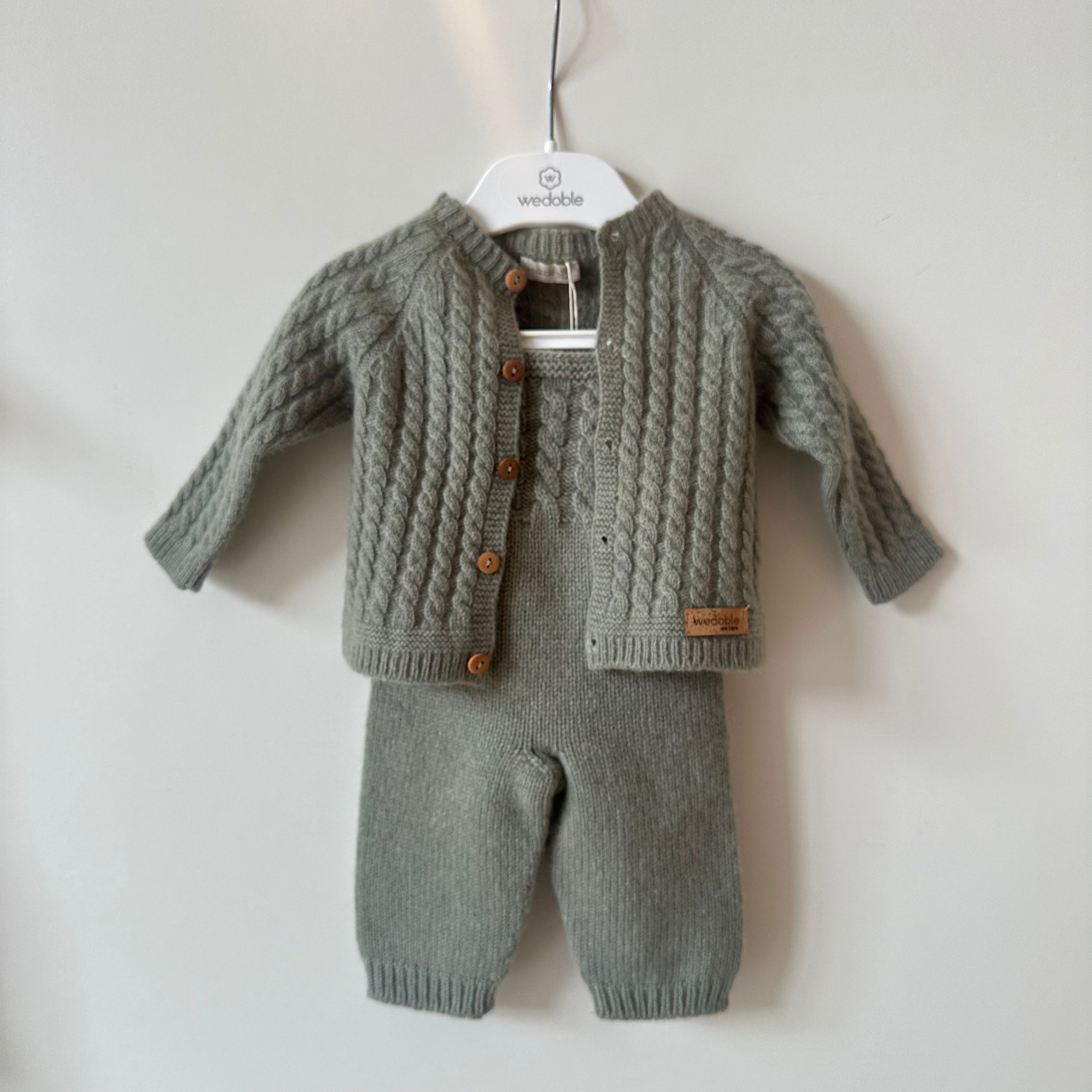 Salopette più Cardigan bimbo in Lana e Cachemire a trecce Verde - Be Brave Boutique