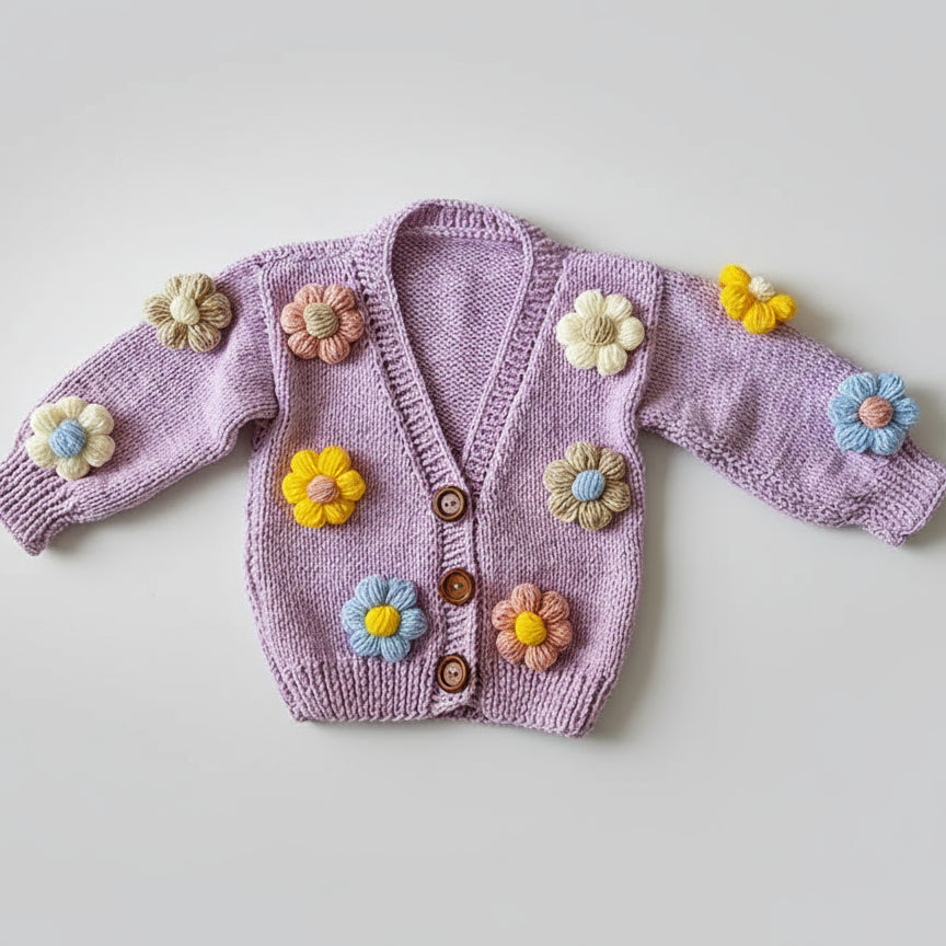 Cardigan per Bambina Fatto a Mano a Maglia con Fiori di Margherita - Be Brave Boutique