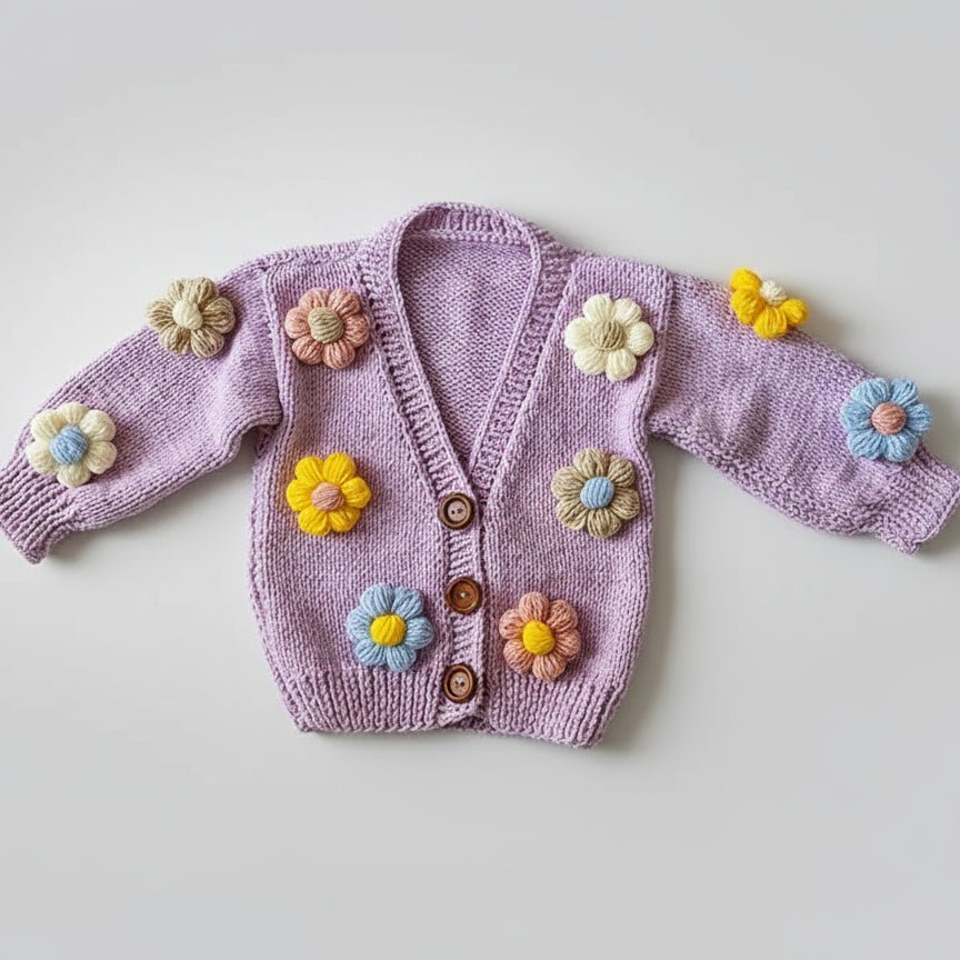 Cardigan per Bambina Fatto a Mano a Maglia con Fiori di Margherita - Be Brave Boutique