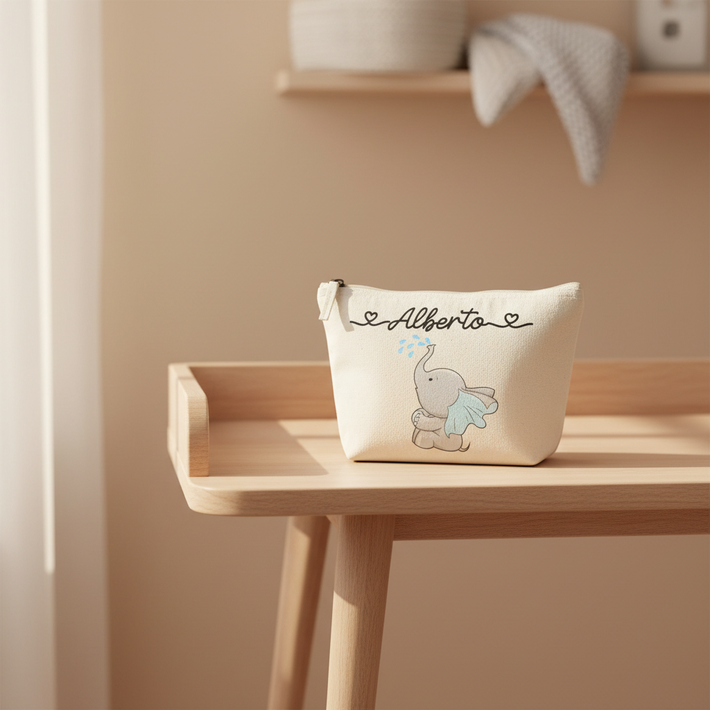 Pochette in cotone organico personalizzabile Elefantino gocce
