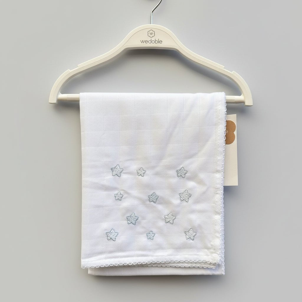 Wedoble Mussola in Cotone Ricamata Stelline Azzurro - Be Brave Boutique