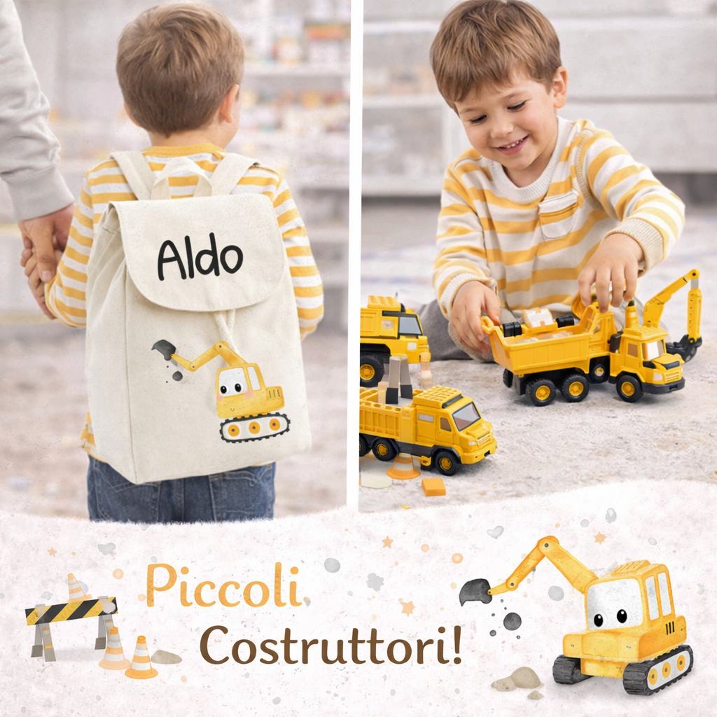 Mini Zaino asilo personalizzabile in cotone Escavatore