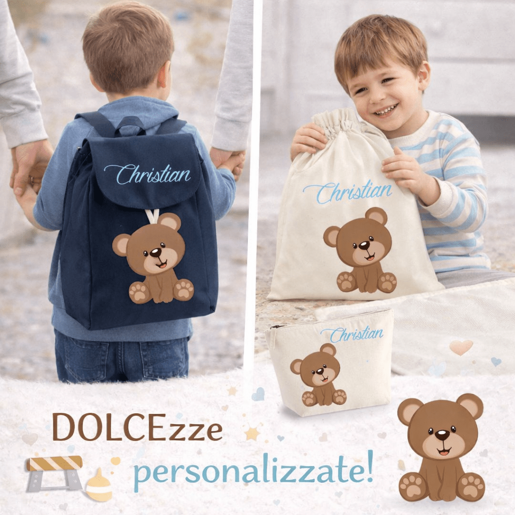 Set Asilo Completo Personalizzato – Mini Zaino, Sacchetto e Beauty Bambino Orsetto