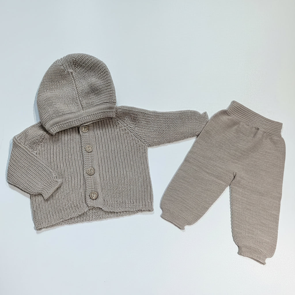 Completo Pantalone+Cardigan con cappuccio lavorato a maglia in punto coste inglese