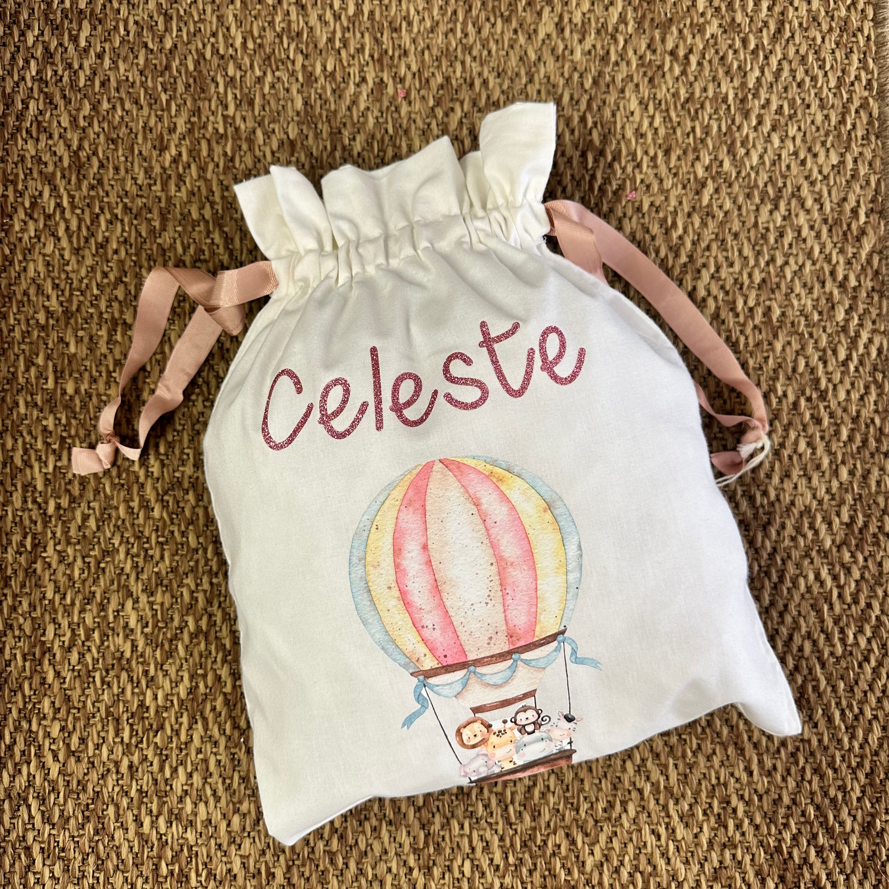 Sacchetto per cambi, regali, organizer con Nastro a coulisse personalizzabile Safari in Mongolfiera - Be Brave Boutique