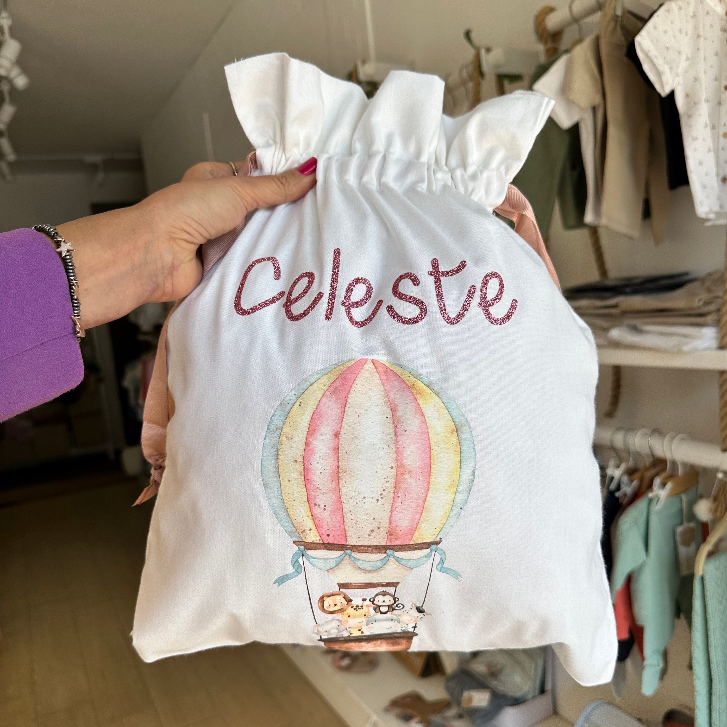 Sacchetto per cambi, regali, organizer con Nastro a coulisse personalizzabile Safari in Mongolfiera - Be Brave Boutique