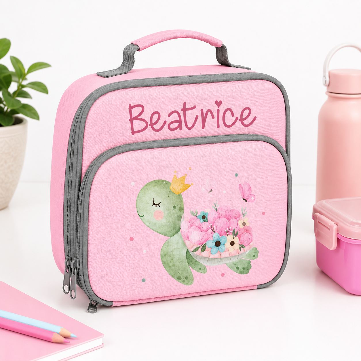 Porta Merenda per Bambini personalizzabile Tartaruga Fiori