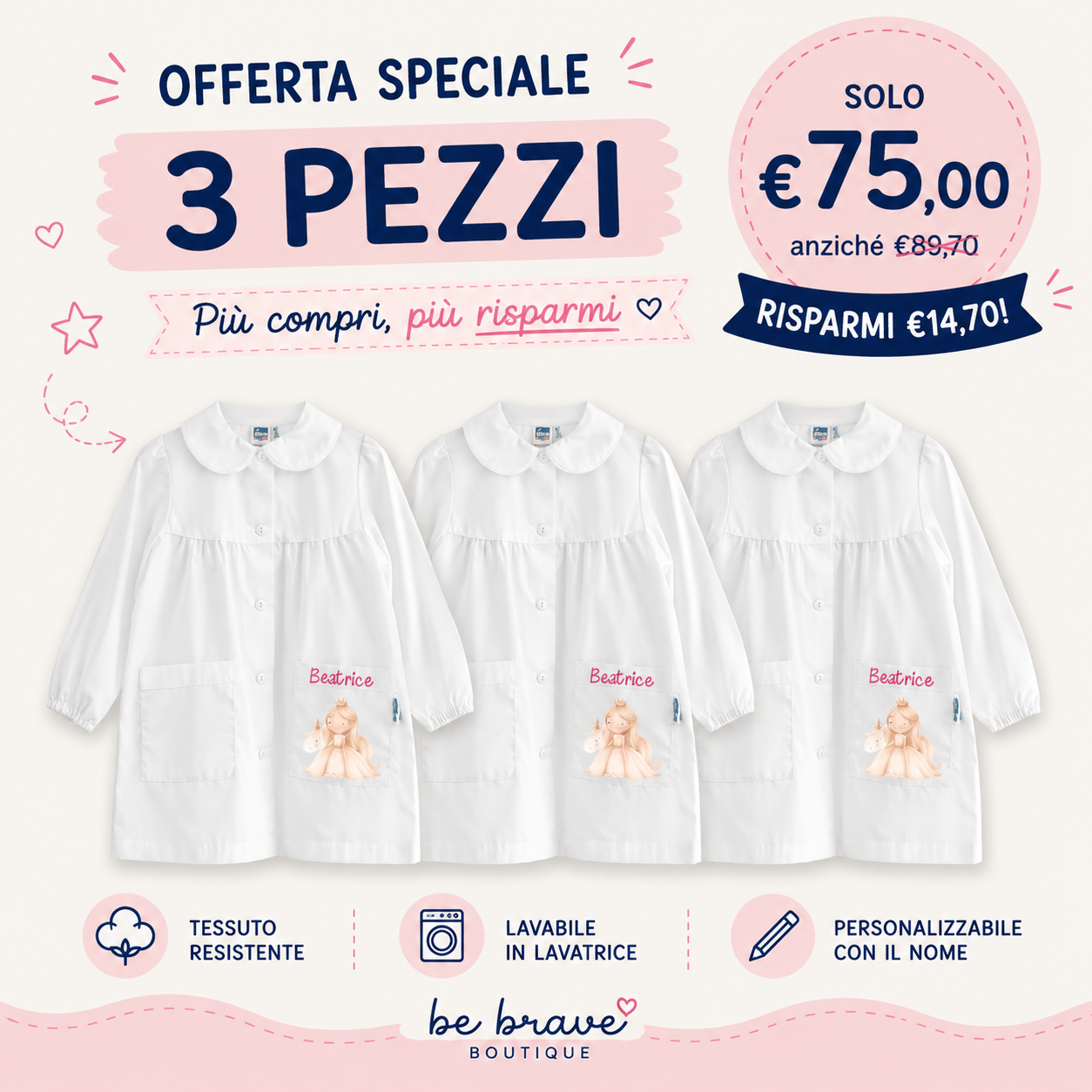 Grembiule Bianco Asilo Bambina Personalizzato – con Nome Siggi Principessa Unicorno