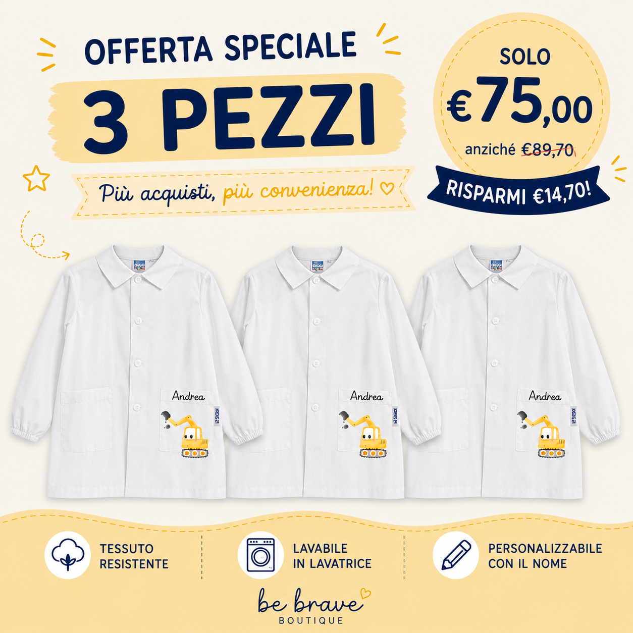 Grembiule Bianco Asilo Bambino Personalizzato – con Nome Siggi Escavatore
