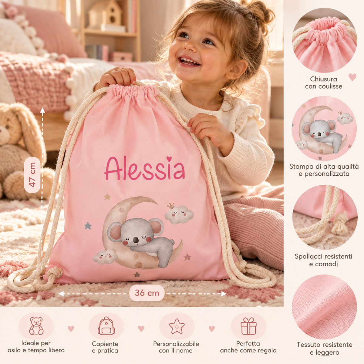 Zaino Sacca Asilo Personalizzato – Bambino con Koala su Luna