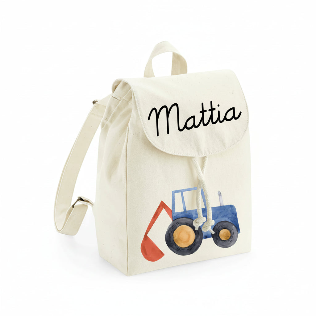 Zaino Asilo Bambino Personalizzato – Mini Zainetto con Nome Trattore/Ruspa