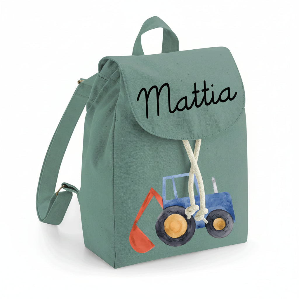 Zaino Asilo Bambino Personalizzato – Mini Zainetto con Nome Trattore/Ruspa