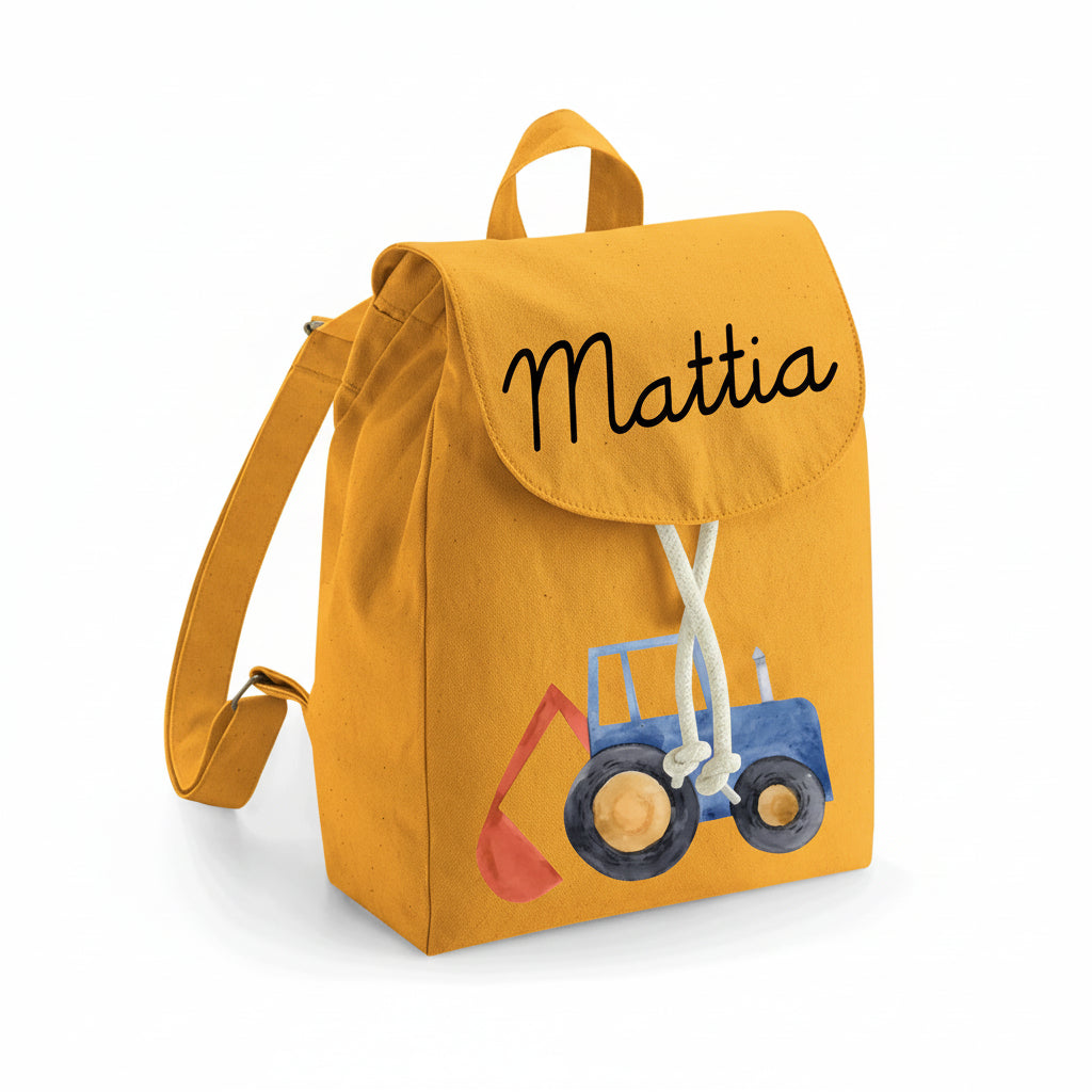 Zaino Asilo Bambino Personalizzato – Mini Zainetto con Nome Trattore/Ruspa