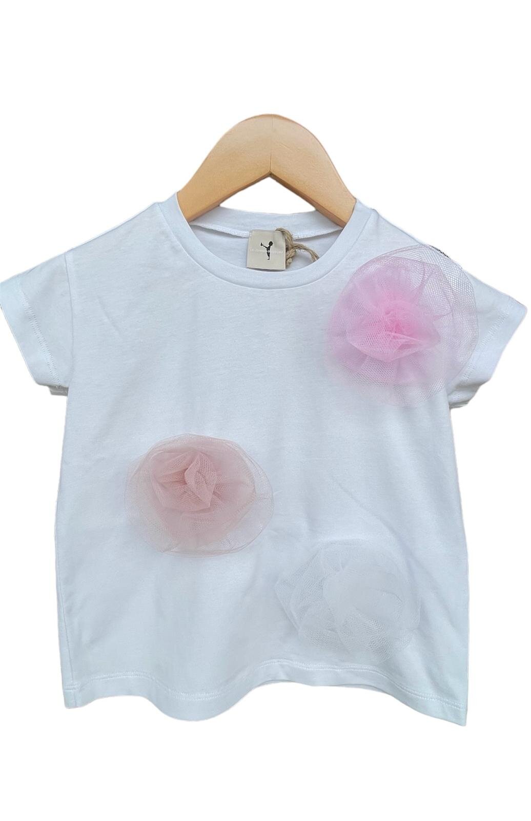 Tshirt Panna in morbido cotone con rose in tulle White-Dusty-Powder - Be Brave Boutique