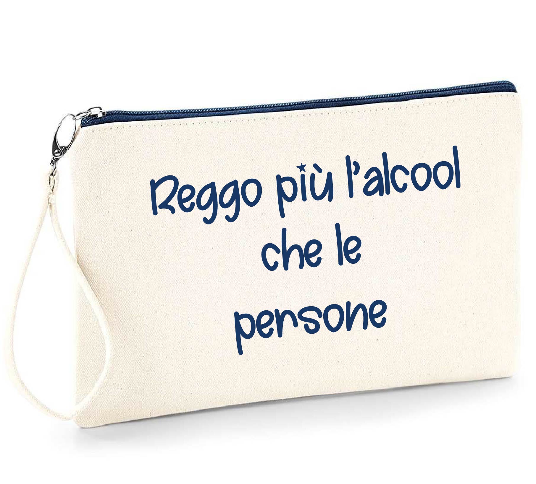 Pochette in cotone beige zip Navy Frase divertente idea regalo “Alcool” - Be Brave Boutique