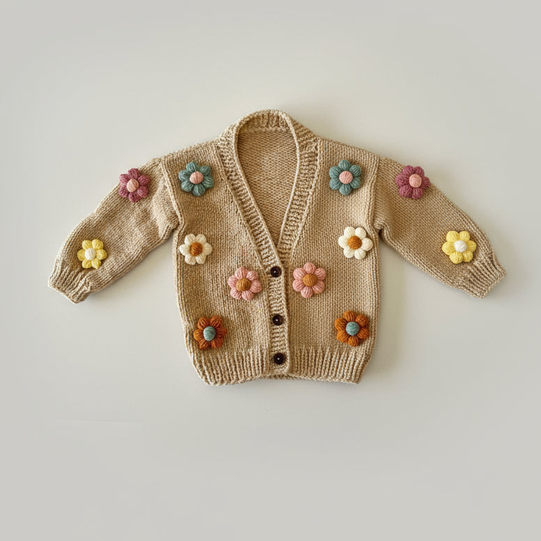 Cardigan per Bambina Fatto a Mano a Maglia con Fiori di Margherita - Be Brave Boutique