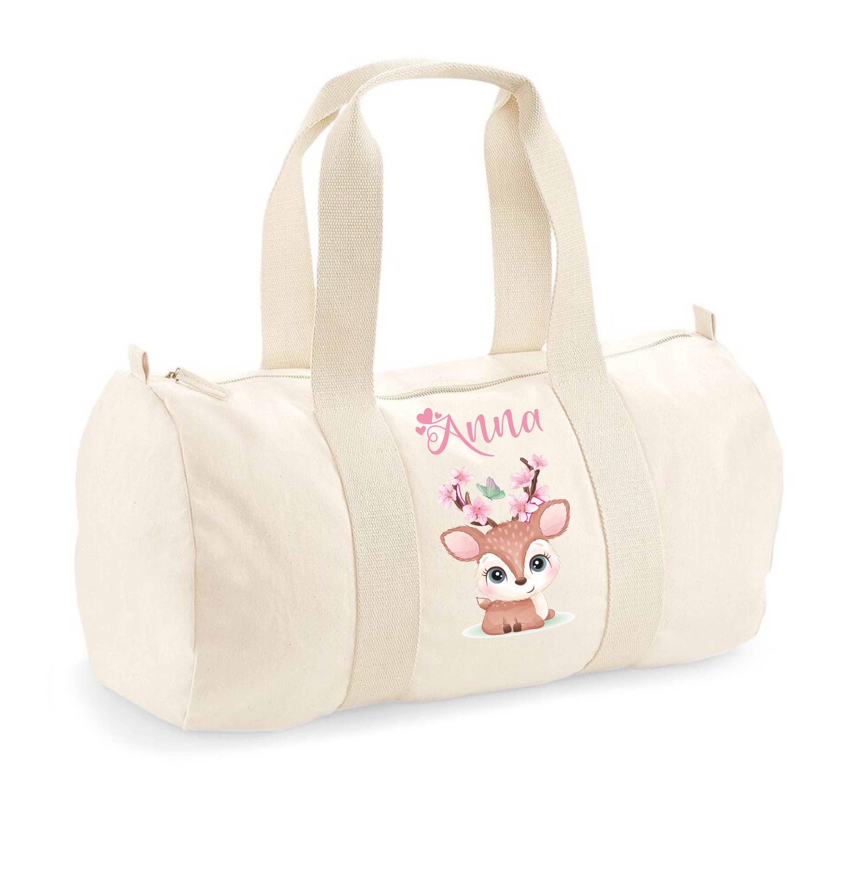 Borsone in cotone personalizzato Cerbiatto fiori di pesco - Be Brave Boutique