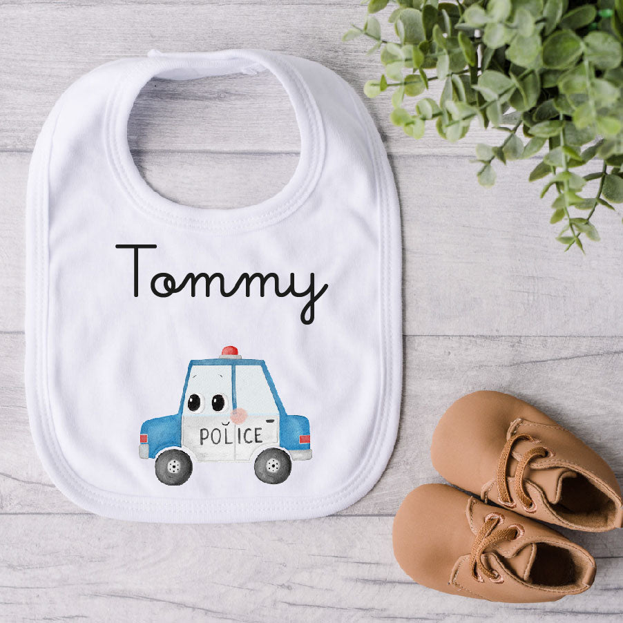 Bavaglino in Cotone organico Macchina Polizia personalizzabile - Be Brave Boutique