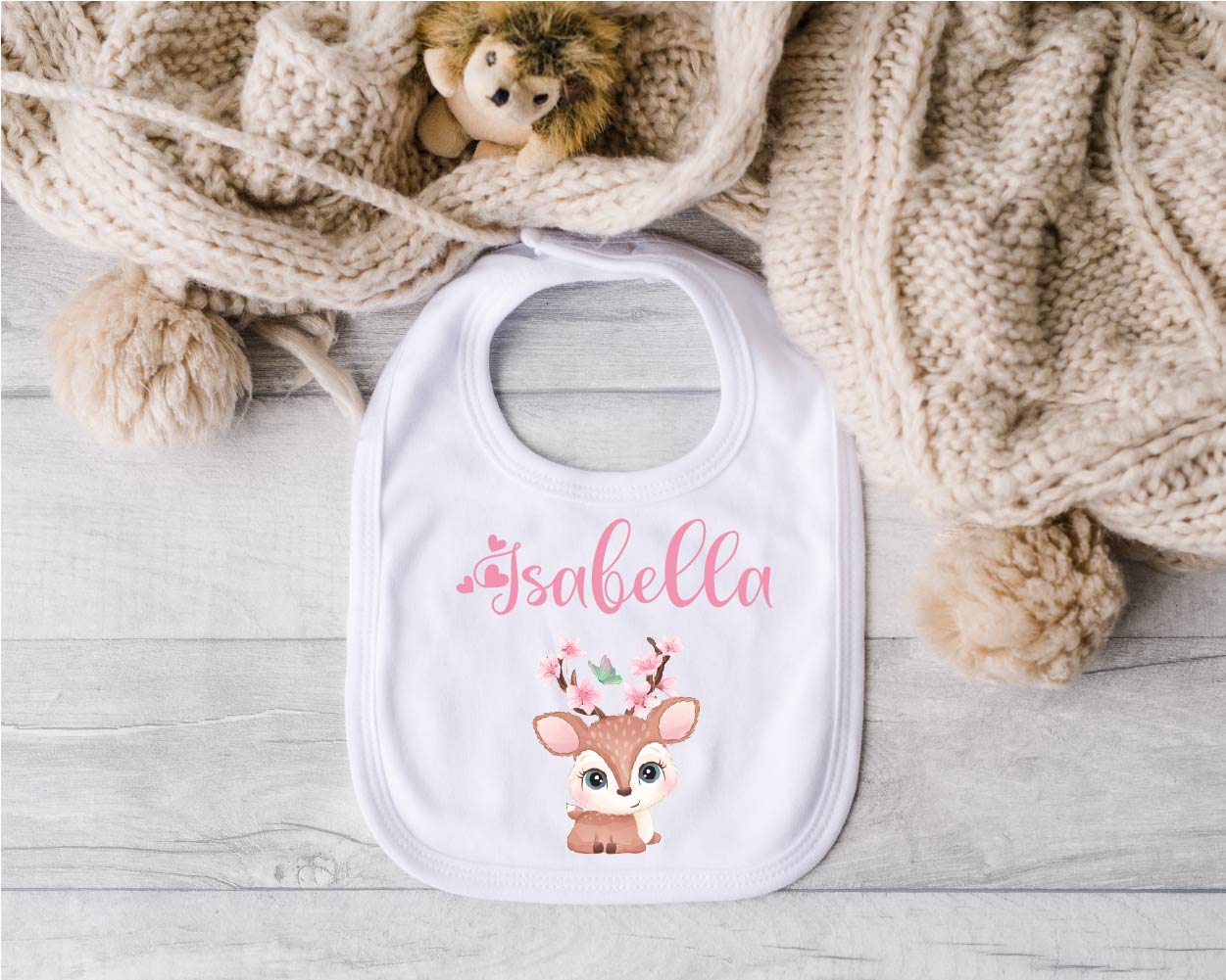 Bavaglino in Cotone organico Cerbiatto fiori di pesco personalizzabile - Be Brave Boutique
