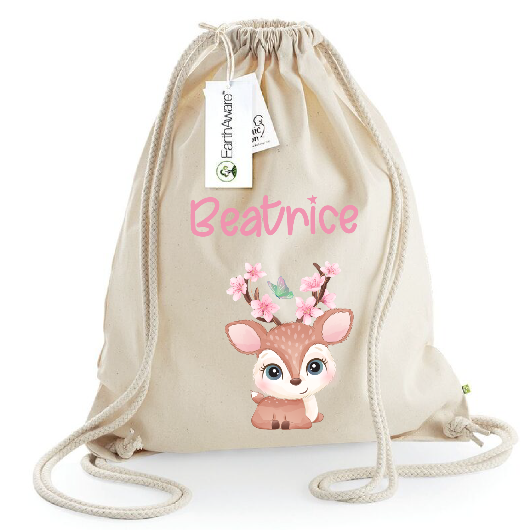 Zaino a sacca in cotone pesante Cerbiatto fiori di pesco - Be Brave Boutique