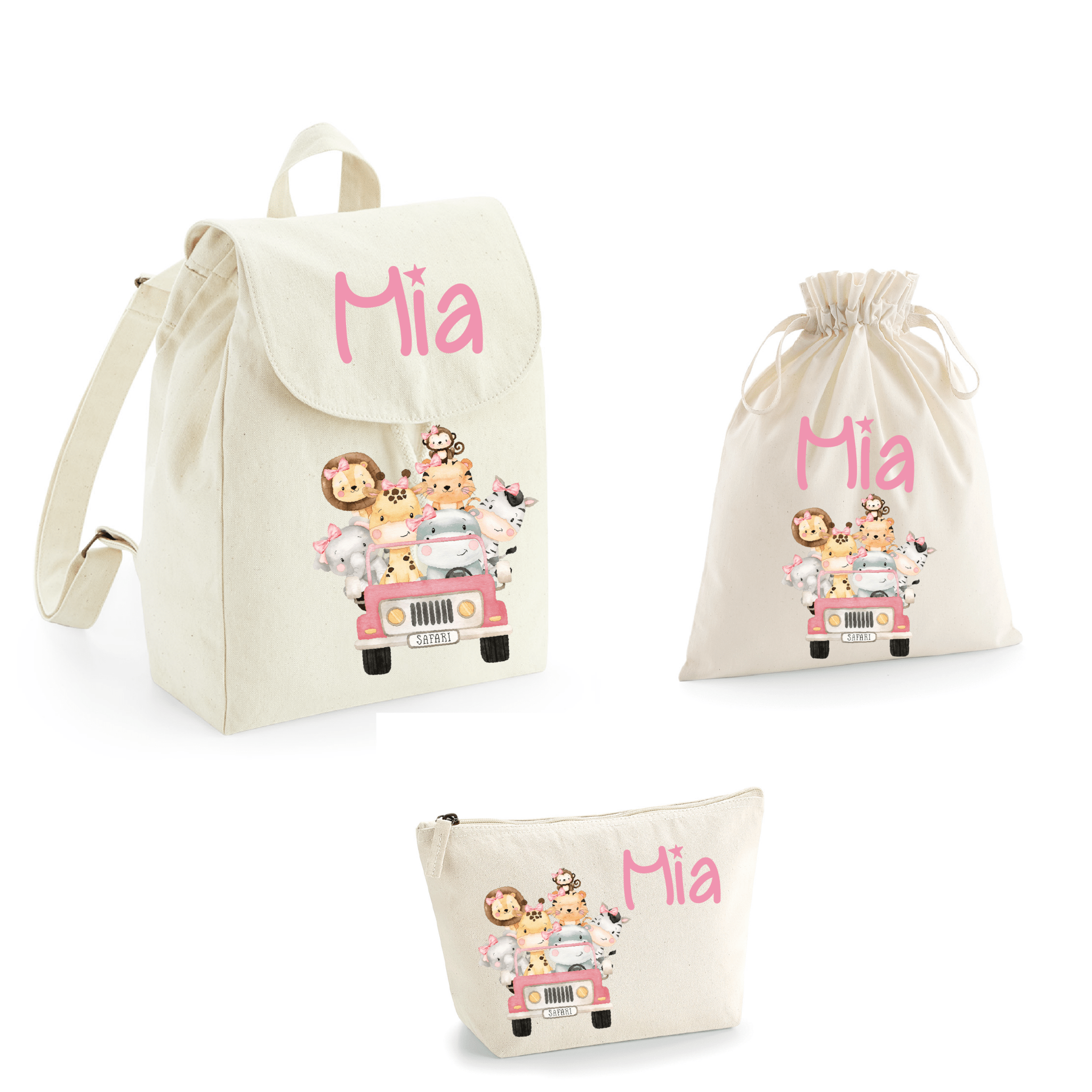 Set asilo Mini Zaino, Sacchetto cambi e beauty Safari Rosa - Be Brave Boutique