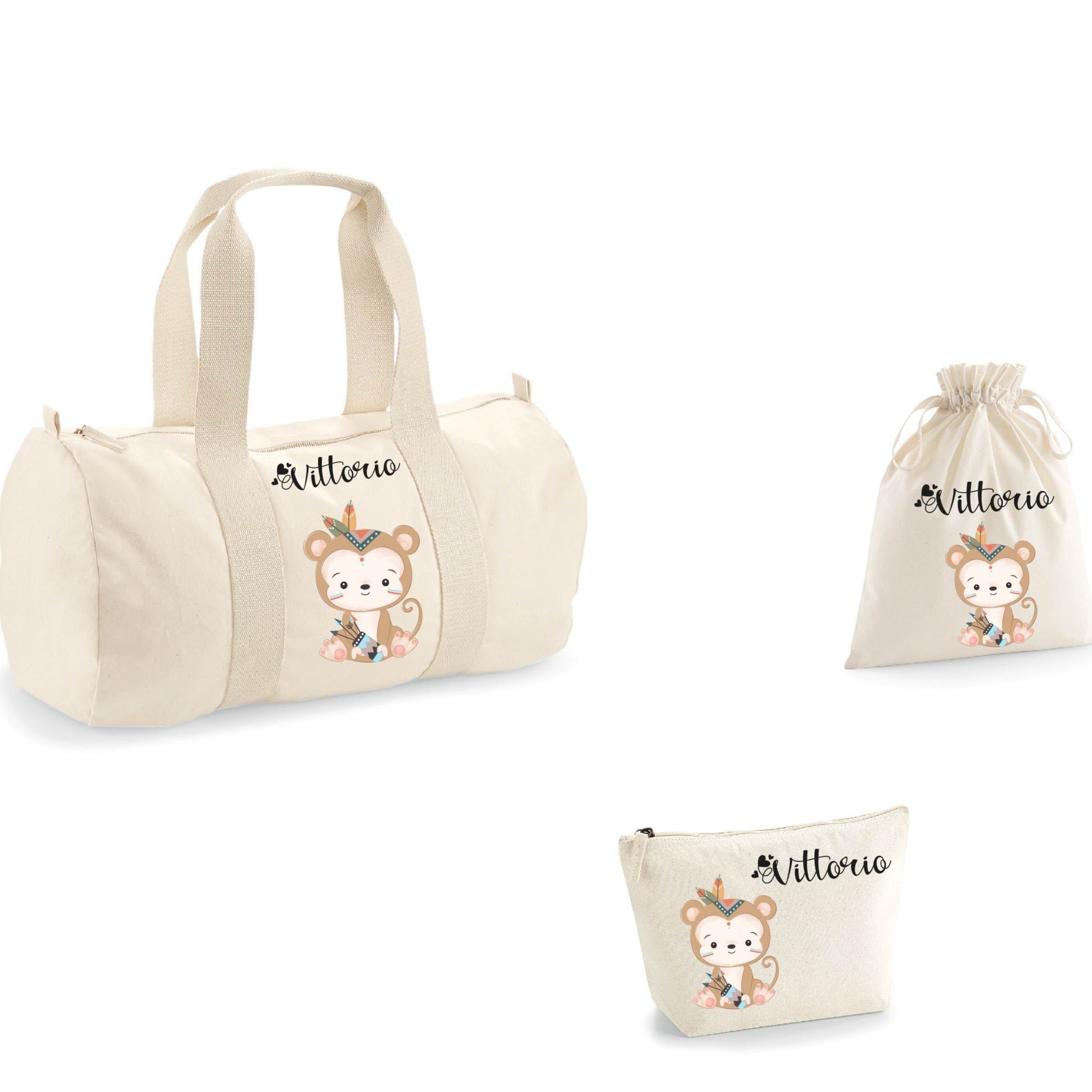 Borsone, pochette e sacchetto in cotone personalizzabile Scimmietta indiana - Be Brave Boutique
