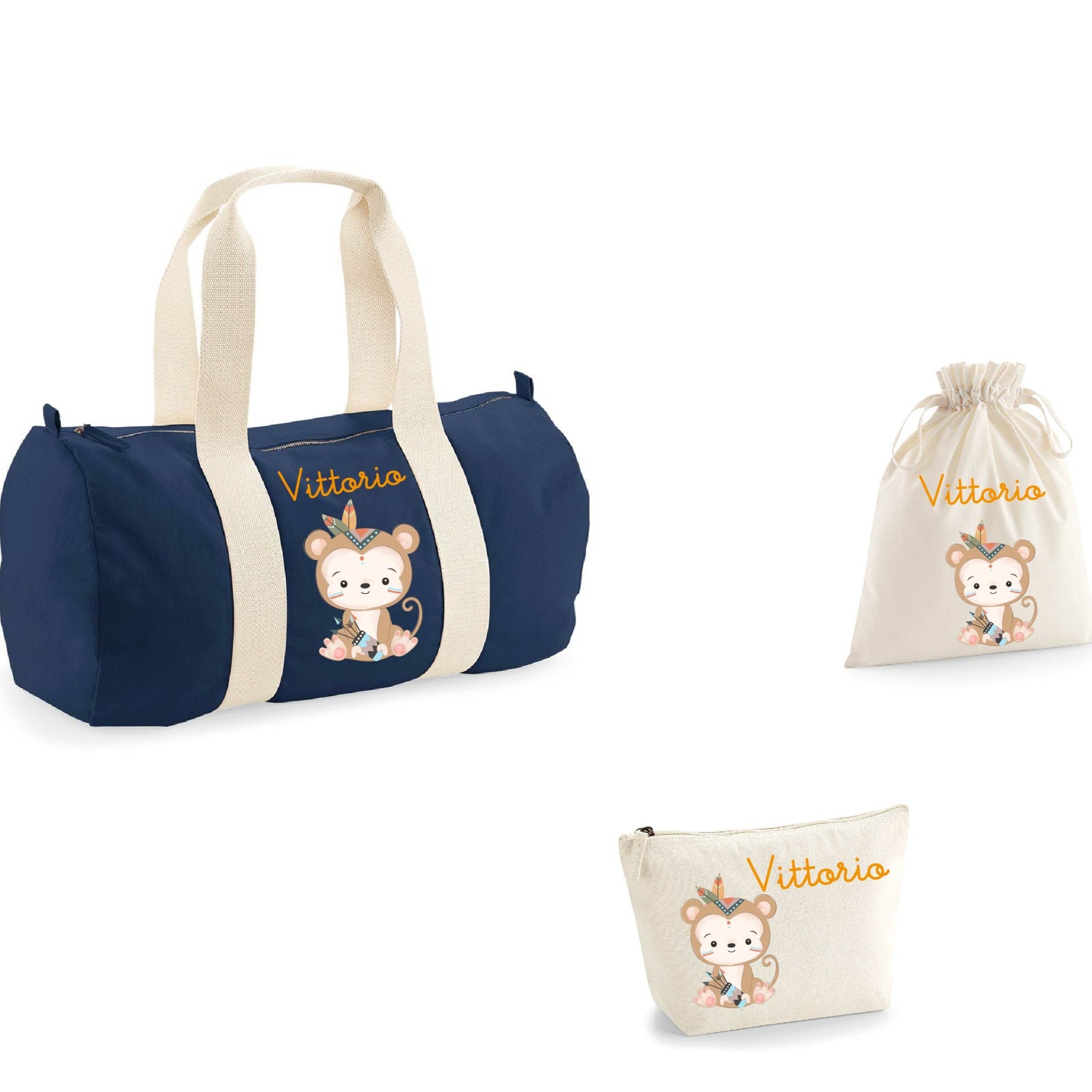 Borsone, pochette e sacchetto in cotone personalizzabile Scimmietta indiana - Be Brave Boutique