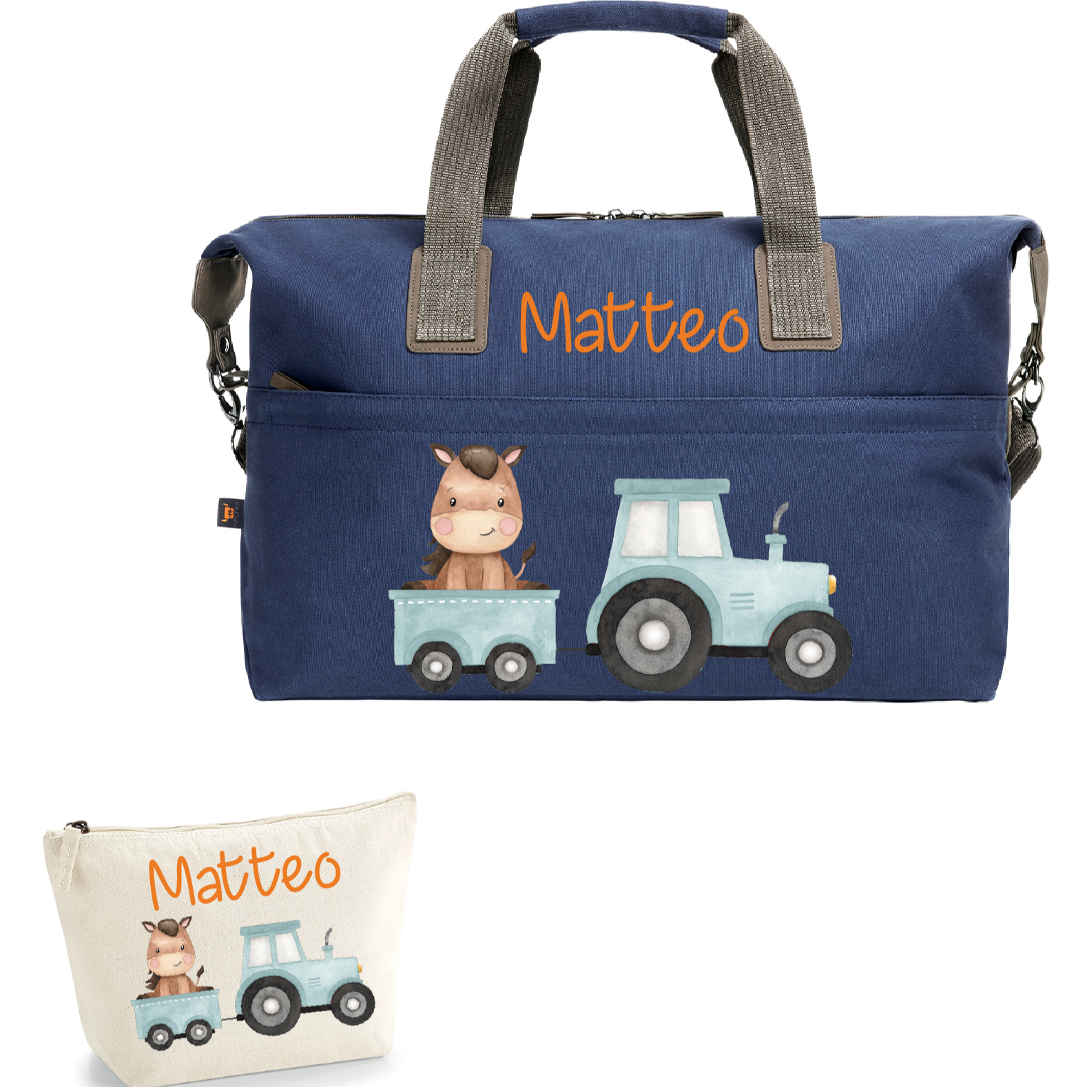 Borsone in cotone più beauty personalizzabile Trattore e Baby Horse - Be Brave Boutique