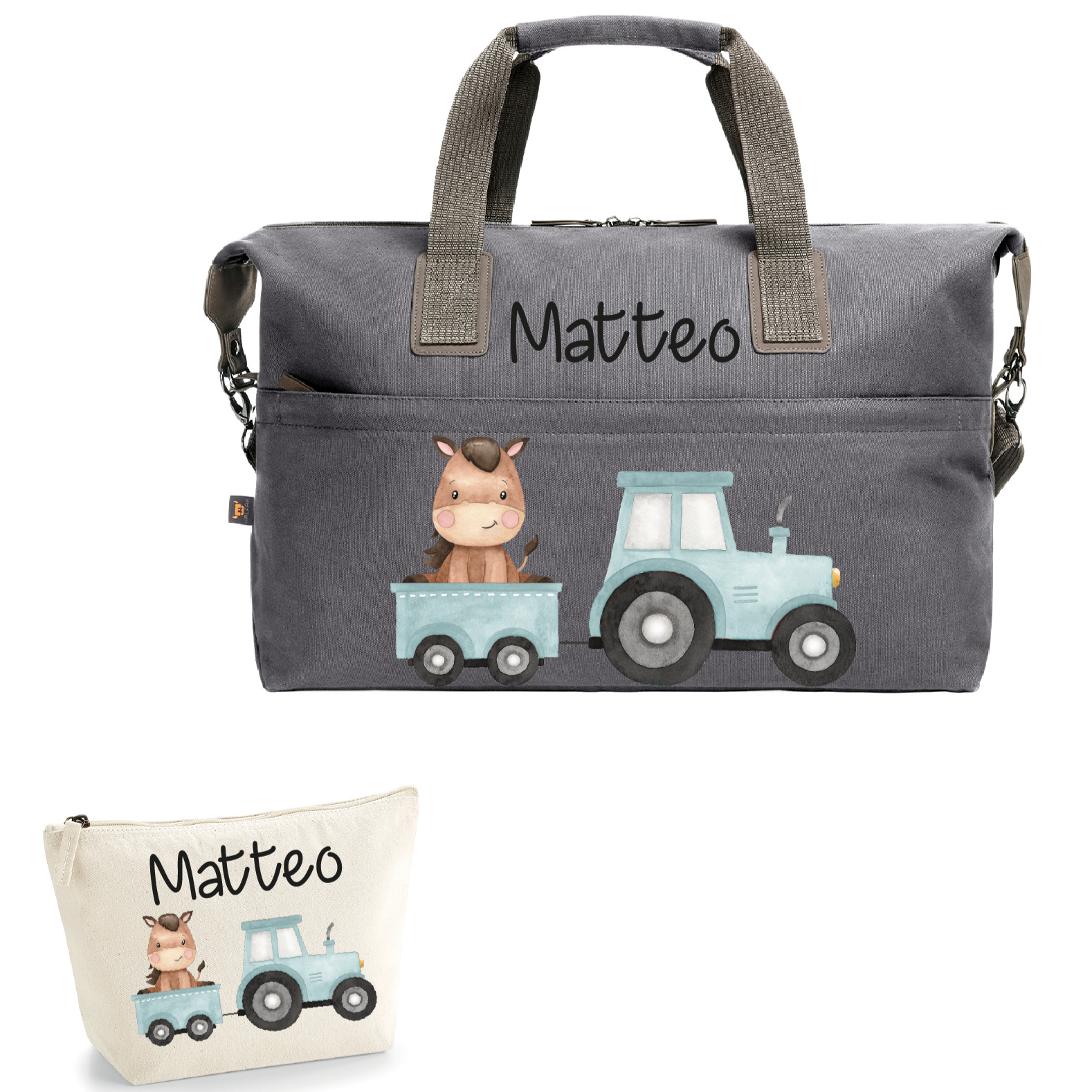 Borsone in cotone più beauty personalizzabile Trattore e Baby Horse - Be Brave Boutique