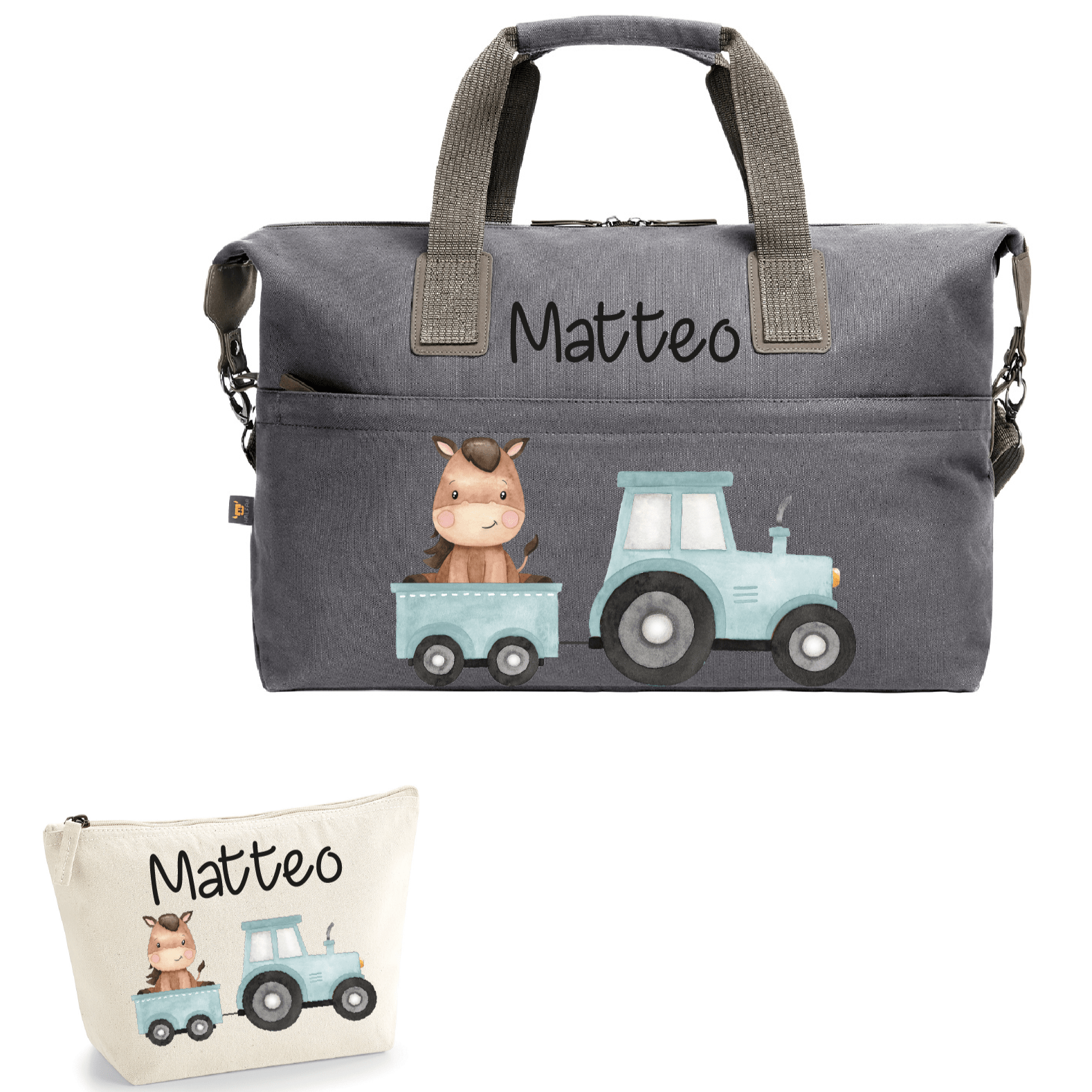 Borsone in cotone più beauty personalizzabile Trattore e Baby Horse - Be Brave Boutique