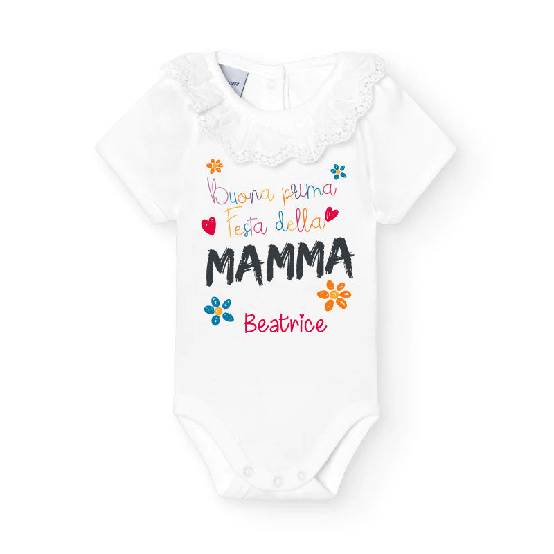 Body Bimba in cotone manica corta con colletto Buona prima festa della Mamma - Be Brave Boutique