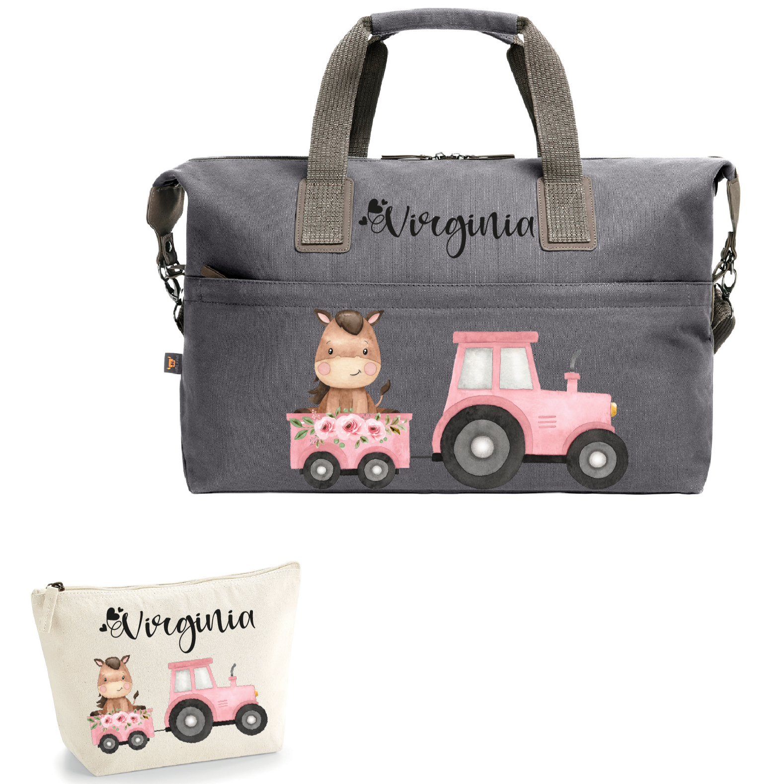 Borsone in cotone più beauty personalizzabile Trattore e Baby Horse - Be Brave Boutique