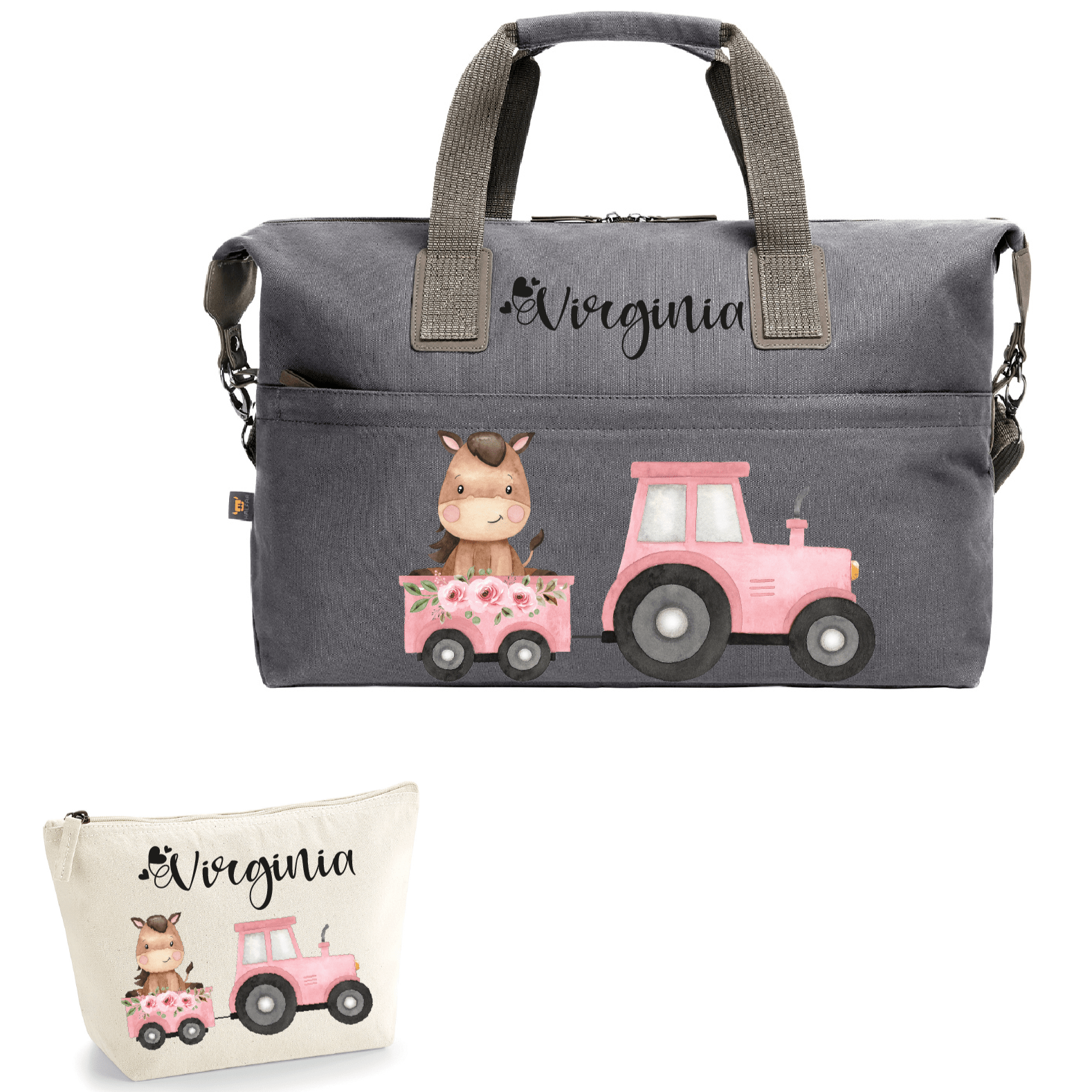 Borsone in cotone più beauty personalizzabile Trattore e Baby Horse - Be Brave Boutique