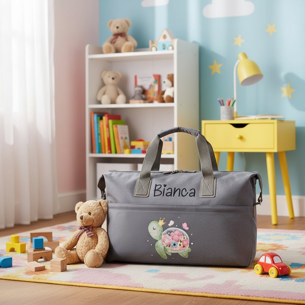 Borsone medio personalizzabile Tartaruga Fiori dotato di tracolla - Be Brave Boutique